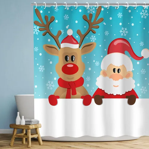 Vista 3 de LIVILAN Cortina de ducha de Navidad, diseño de Papá Noel y reno con 12 ganchos, cortina de baño decorativa de Navidad de tela de dibujos animados