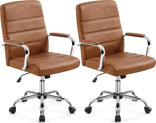 Vista 10 de Yaheetech Silla de oficina Exectuive de 2 piezas, altura ajustable, giratoria, de piel sintética, silla de escritorio para el hogar con brazos, claro
