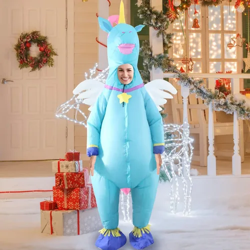 Vista 2 de Traje inflable de unicornio azul para adultos, la mejor decoración para fiestas, reuniones, celebraciones de vacaciones, Halloween y otros