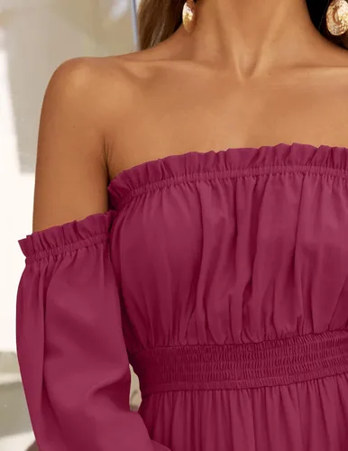 Vista 37 de ZESICA - Vestido largo, bohemio y sexy, con hombros descubiertos y manga larga fruncida, con elástico fruncido, cintura alta y abertura lateral