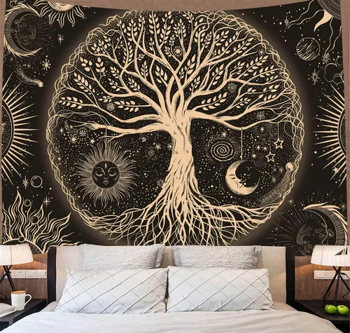 Vista 10 de FORATER Tapiz Colgante de Pared del Árbol de la Vida Colorido Tapices del Árbol de la Vida Estético Tapiz de Pared de Sol y Luna Galaxia