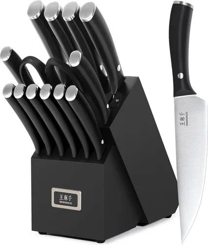 Vista 11 de WANGMAZI Juego de 15 cuchillos de acero inoxidable japonés de alto carbono, juego de cuchillos afilados para cocina, apto para lavavajillas, caja