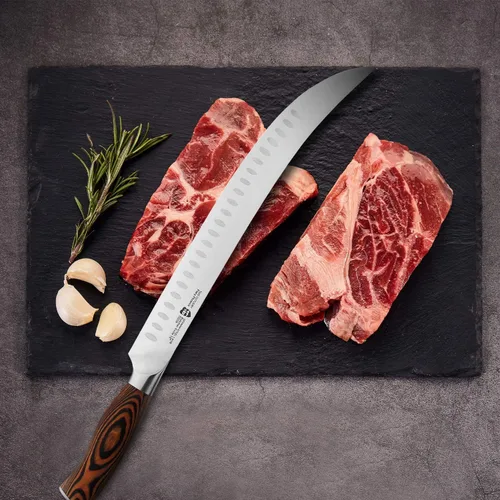 Vista 6 de TUO Cuchillo de carnicero – Cuchillos de carnicero de 12 pulgadas con borde de Granton curvado para cortar carne y verduras – Mango de madera