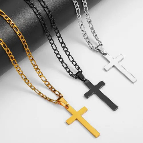 Vista 6 de LUXEJEW Collares de cruz de acero inoxidable para hombres, cadena Figaro negra, plata y oro, collar con colgante de cruz para hombres, niños