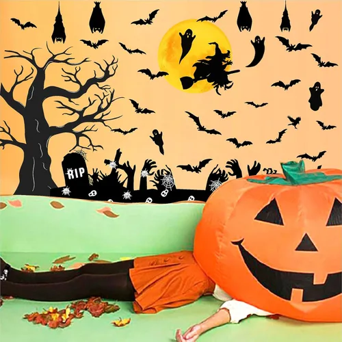 Vista 7 de Barri Design Calcomanías de pared de murciélago de Halloween, árbol de luna, bruja, calcomanías de pared extraíbles para Halloween, calcomanías