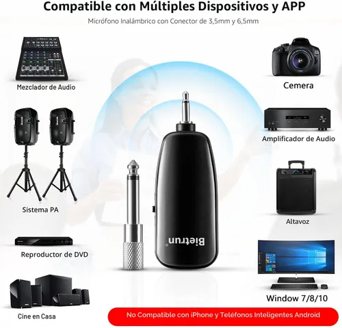 Vista 2 de Bietrun Micrófono de Diadema Inalámbrico, Sistema de Micrófono Inalámbrico UHF, alcance de 160 pies, enchufe de 1/8 pulgadas y 1/4 pulgadas