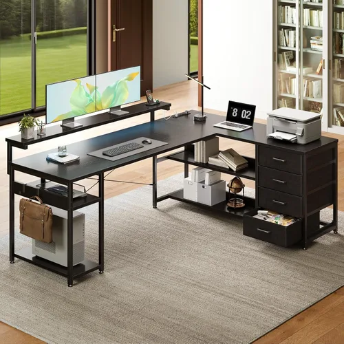 Vista 2 de AODK - Escritorio en forma de L de 61" con cajón, escritorio para computadora con tomas de corriente y luces LED, escritorio de esquina reversible