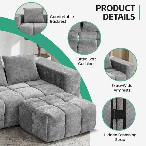 Vista 4 de Sofá de dos plazas seccional modular sin armazón de 78.7 pulgadas, sofá nube capitoné con asiento profundo, sofá de chenilla para sala de estar