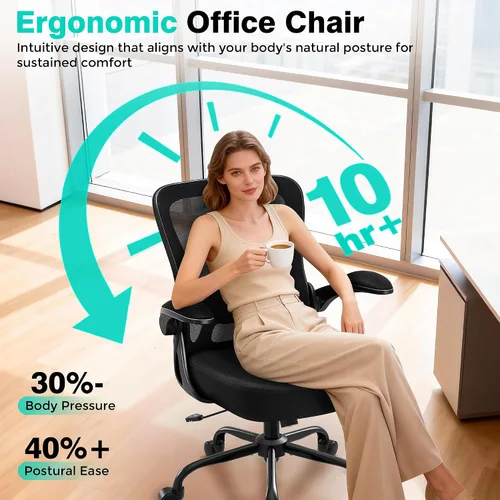 Vista 5 de AreShark Silla de oficina – Silla de escritorio ergonómica de malla transpirable con soporte lumbar ajustable y reposabrazos abatibles – Silla