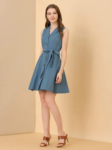Vista 2 de Allegra K Vestido camisero con botones y solapa con muescas para mujer