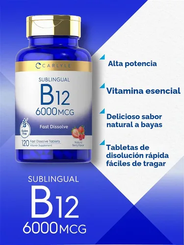 Vista 3 de Carlyle Vitamina B-12 6000 mcg 120 tabletas de disolución rápida Sabor a bayas naturales Metilcobalamina sublingual y cianocobalamina