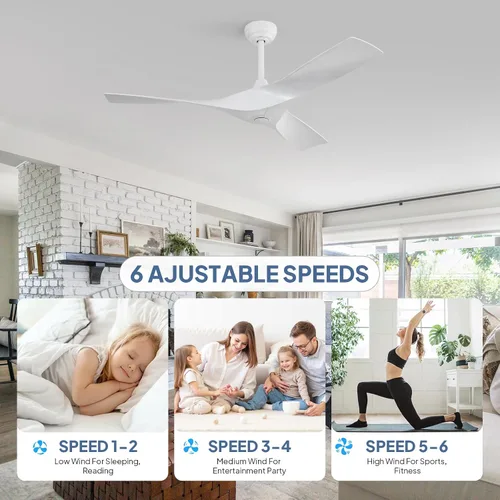 Vista 4 de Sofucor Ventilador de techo blanco de 52 pulgadas sin luz, ventilador de techo moderno con control remoto, 3 aspas de ABS, motor CC reversible sin