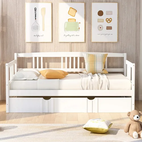 Vista 15 de P PURLOVE Sofá cama individual de madera con rieles, cama individual, listones de madera que soportan la vida moderna, individual, espresso