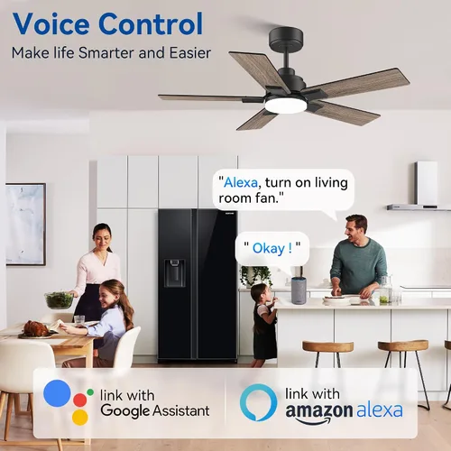 Vista 2 de Ventilador de techo inteligente de 42 pulgadas con control remoto de luces Montaje empotrado en negro y nogal