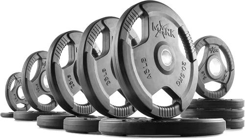 Vista 16 de XMARK TRI-GRIP - Par o juego de discos de peso olímpicos, pesas de ejercicio con revestimiento de goma para barra olímpica, juego de pesas de 01)