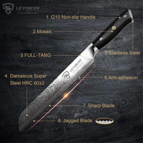 Vista 2 de Cuchillo de pan profesional de acero inoxidable japonés de Damasco de 8 pulgadas con mango negro Premium G10, cuchillo de cocina ergonómico