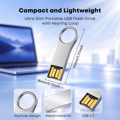 Vista 2 de 64GB Key Shape USB Flash Drive, Silver Metal USB 2.0 Memory Stick, Portable Keychain Thumb Drive Pen Drive for PC Laptop