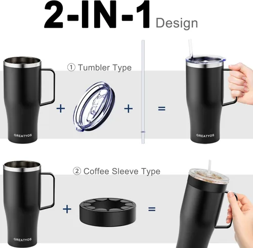Vista 2 de Funda universal para café helado con asa - Soporte aislante de acero inoxidable reutilizable de doble pared para bebidas frías que se adapta a tazas