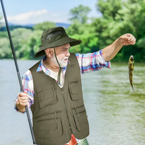 Vista 6 de Janmercy Chaleco de pesca de trabajo para hombre, 2 piezas, con sombrero, ligero, safari, viajes, caza, con múltiples bolsillos, sombrero de pesca