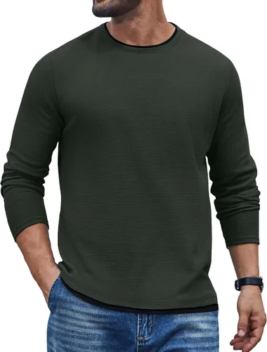 Vista 7 de COOFANDY Camisetas de manga larga para hombre, de algodón, con cuello redondo, con ribete de contraste Gris claro + ribete blanco