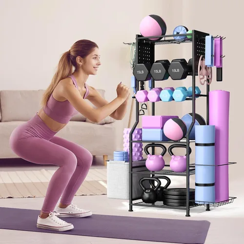 Vista 7 de Estante para mancuernas, almacenamiento de gimnasio en casa para pesas rusas, esterilla de yoga y equipo de entrenamiento de fuerza, estante