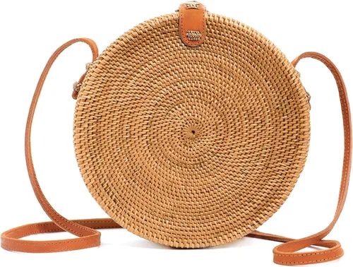 Vista 8 de Novum Crafts Bolso de ratán hecho a mano - Bolso cruzado de mimbre de paja marrón