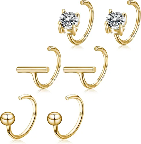 Vista 9 de CHIC & ARTSY Aretes de medio aro de plata de ley 925 para mujer, juego de aros pequeños con barra de bola, estrella, luna y perla, ligeros, ajuste