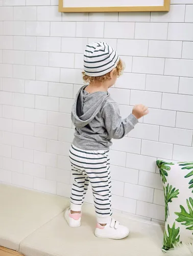 Vista 7 de Gavol Conjunto de ropa de manga larga con capucha y pantalón a rayas para bebé para otoño e invierno