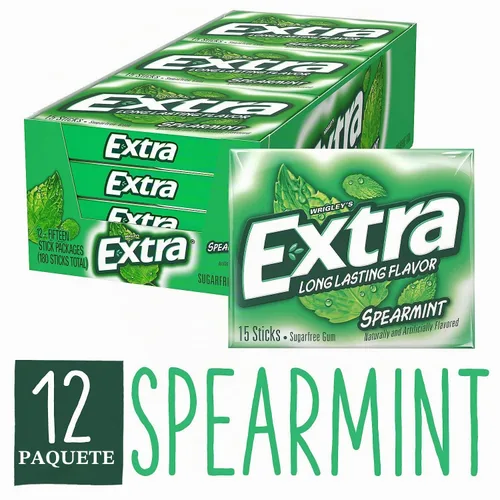 Vista 2 de Goma de mascar extra de menta verde sin azúcar, paquete de 12 piezas, 15