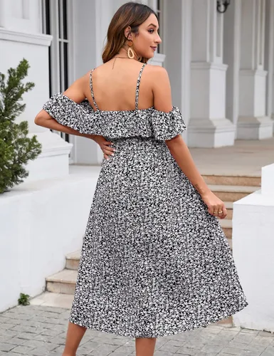 Vista 7 de KOJOOIN Vestido de maternidad para mujer, con volantes, manga corta, tirantes delgados, vestido floral, cuello en V, acampanado, vestido
