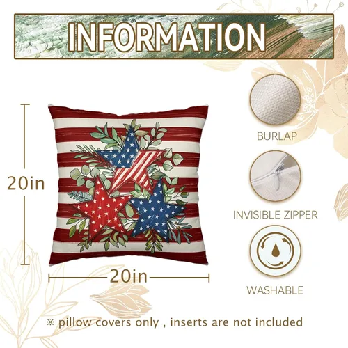 Vista 179 de Juego de 2 fundas de almohada de 16 x 16 pulgadas, diseño patriótico de bandera estadounidense con estrellas para exteriores, estilo casa de campo