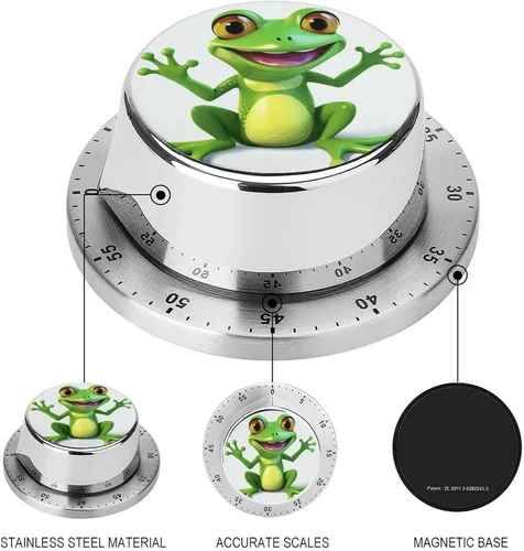 Vista 3 de Temporizador de cocina con diseño de rana verde, temporizador magnético de acero inoxidable para cocinar, no requiere pilas, pequeño temporizador