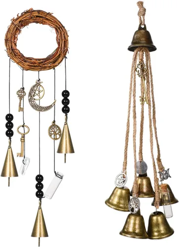 Vista 13 de Jetec 2 piezas de campanas de bruja para proteger las puertas, campanas de viento de bruja, corona hecha a mano para decoración de puerta del hogar