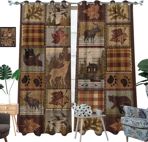 Vista 3 de Cortinas de oscurecimiento estilo campestre con osos, alces y ciervos, cortinas opacas para ventanas con ojales, tratamiento de ventanas eficiente