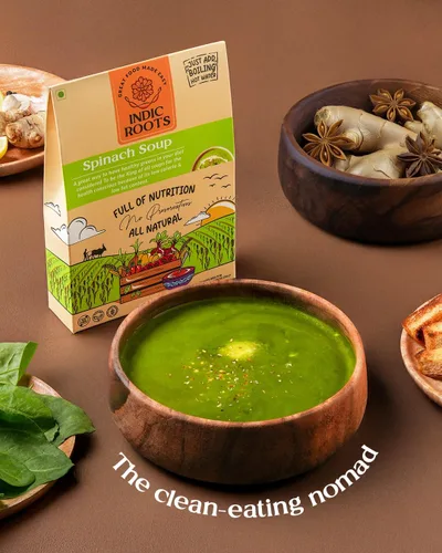 Vista 4 de Organic Roots Sopa de espinacas Palak paquetes de sopa instantánea saludable natural lista para cocinar, mezcla de sopa de verduras en polvo