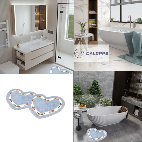 Vista 2 de Bonita alfombra de área de flores de rosas en forma de corazón para un baño súper suave, antideslizante, absorbente, alfombra de baño floral Azul
