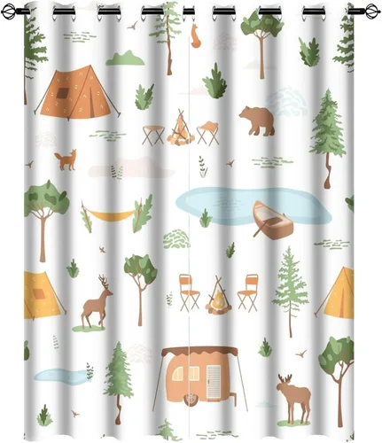 Vista 25 de Cortinas abstractas con estampado de cámper de caricaturas, divertido tema de aventura, campamento, montañas, vida silvestre, oso, tratamiento