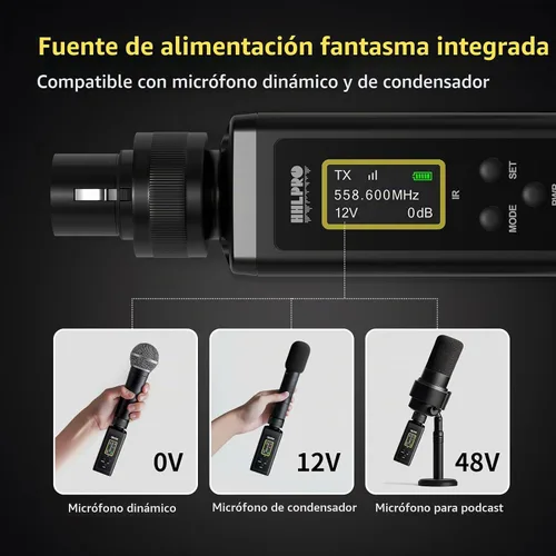 Vista 4 de Transmisor y receptor UHF inalámbrico XLR, rango de 150 pies, adaptador de micrófono inalámbrico enchufable para micrófono dinámico y condensador