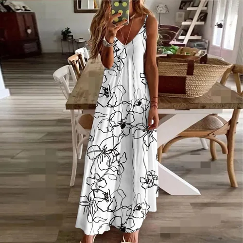 Vista 2 de Ceboyel Vestido largo de verano con tirantes delgados florales para mujer, vestido largo de verano con cuello en V, sexy, bohemio, ropa de playa