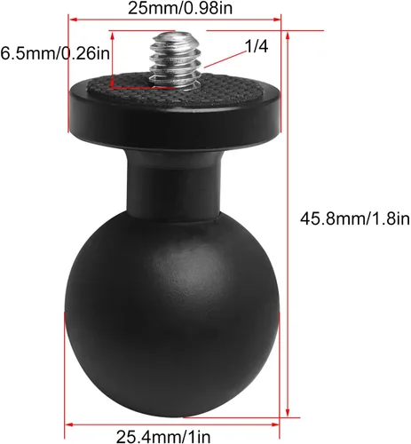 Vista 3 de Adaptador de bola de aleación de aluminio de 0.984 in/1 pulgada con perno roscado de 1/4 pulgadas para cámara de acción y videocámara