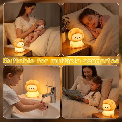 Vista 5 de Linda luz nocturna de león para niños, lámpara recargable de guardería con temporizador, 3 niveles de brillo y luz cálida, luz nocturna de silicona