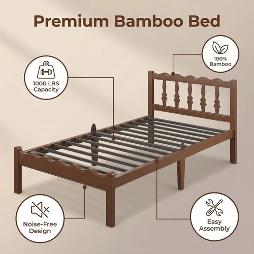 Vista 3 de Base de cama de bambú individual de 14 pulgadas con cabecera ondulada de mediados de siglo, cama de plataforma de madera maciza resistente