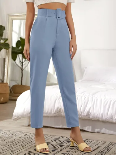 Vista 3 de MakeMeChic Pantalones cónicos de cintura alta con cinturón y bolsillos para mujer