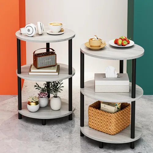 Vista 26 de Mesa auxiliar redonda pequeña, mesa decorativa ovalada de 3 niveles para espacios pequeños, mesita de noche de madera rústica y metal para sala