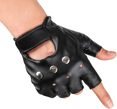 Vista 2 de JISEN Guantes de cuero PU para hombre, guantes steampunk góticos de medio dedo con gancho