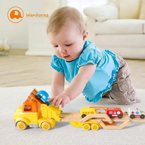 Vista 6 de Juguetes de autos para niños pequeños de 2, 3, 4, 5 años, juguete de camión transportador con 4 vehículos de madera, remolque de pista plegable