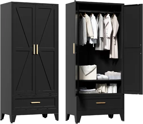 Vista 11 de Washsemba - Armario de guardarropas de metal de casa rural de 71'' con barra para colgar, 2 armarios de puerta de granero con estantes ajustables, 2