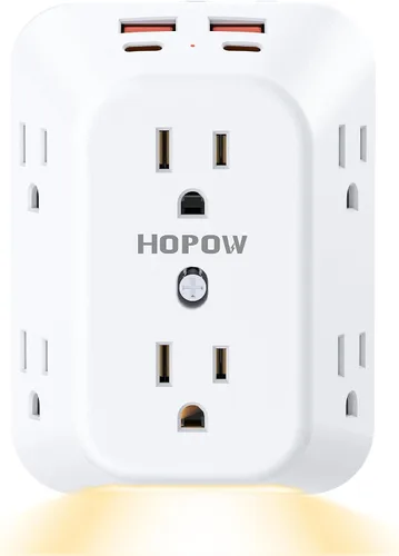 Vista 8 de USB Wall Charger Surge Protector, HOPOW 6 Outlet Extender with 4 USB Charging Ports (2 USB C), 3-Sided 1050J Multi Plug Wall Outlet, Wall Mount for