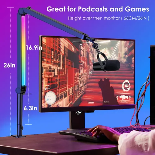 Vista 5 de Brazo de micrófono RGB para Fifine, HyperX QuadCast 1/2 / QuadCast S/SoloCast, Shure SM7B / MV7, Blue Yeti, Rode, Shure, Razer, micrófono de juego