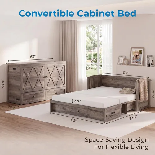 Vista 2 de Mjkone Murphy - Cama con colchón de tres pliegues, cama Queen oculta con estación de carga USB integrada y 2 cajones de almacenamiento, camas Gris